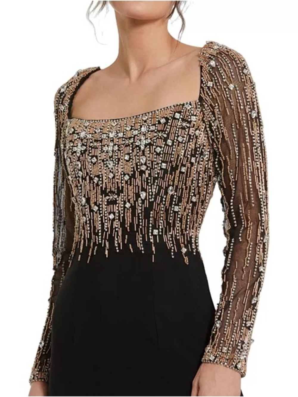 Mac Duggal Beaded Embellished Square Neck Long Sleeve Jersey Gown - Picture 2 of 13
